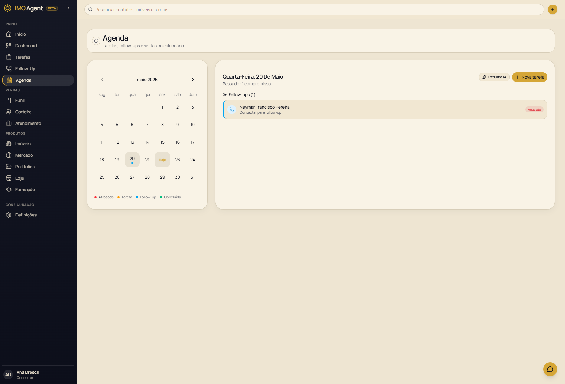 Screenshot da agenda do ImoAgent com calendário e follow-ups do dia.